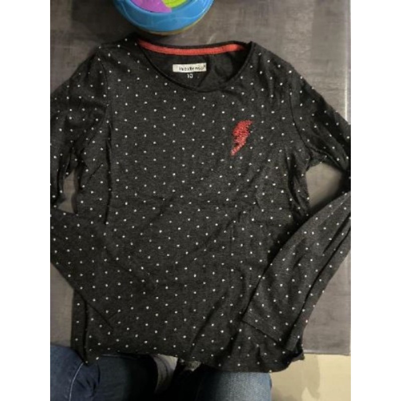 TEE short manche longue in extenso gris point blanc 10 ans 