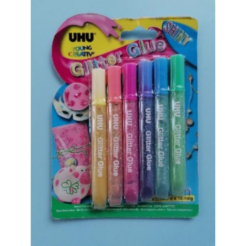 UHU - Glitter Glue - Pochette de 6 flacons couleurs pastels pailletées Shiny - Non ouverte
