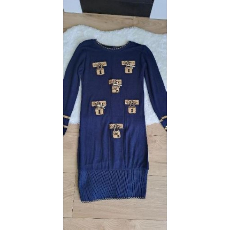 Robe laine bleu marine motifs cadeaux dorés S/M