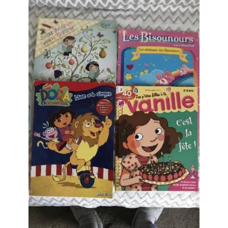 Lot de 4 cahiers d'activités : Dora, les bisounours, Vanille, Fruits)
