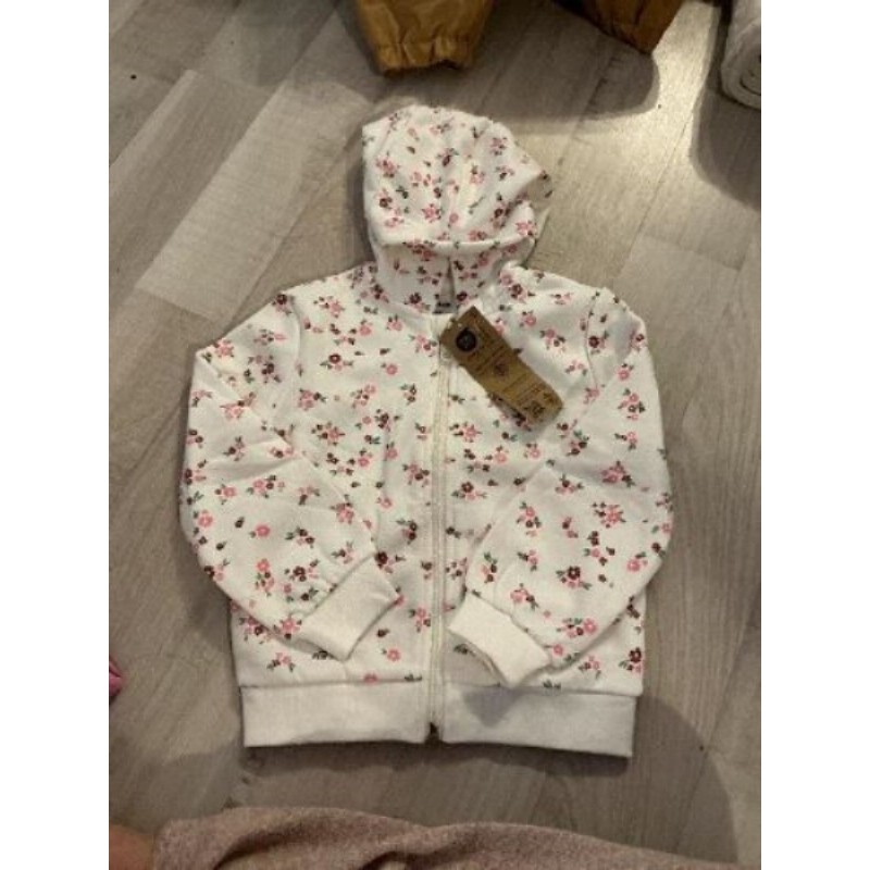 Pull capuche blanc avec motifs fleurs roses et violettes KIABI taille 4 ans