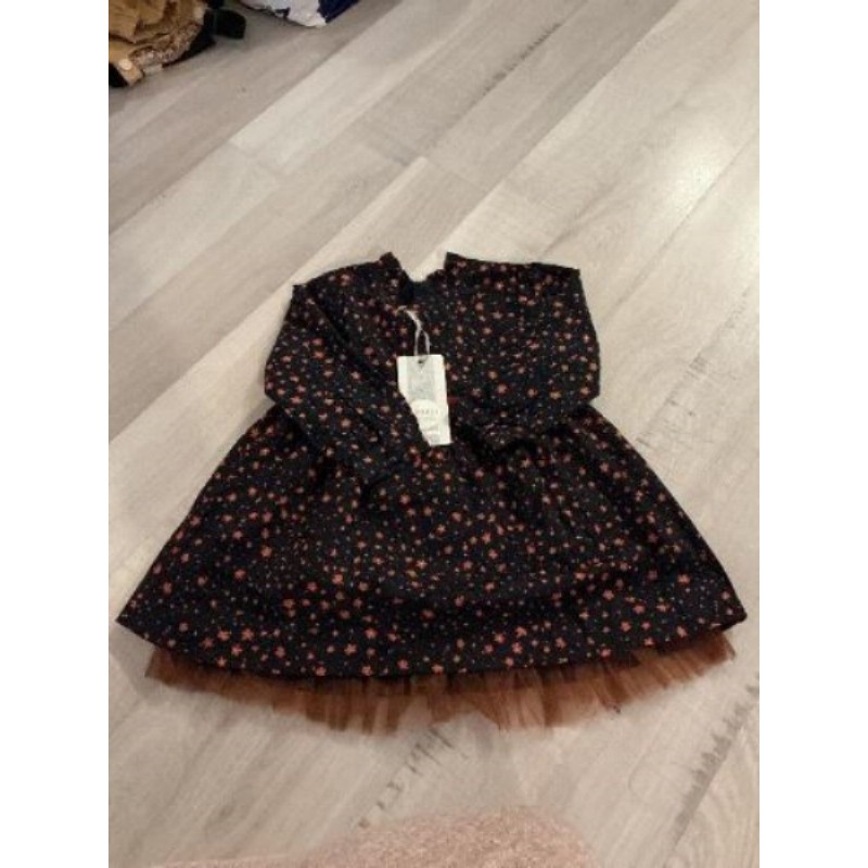 Robe bleu marine avec fleurs oranges et doublure tulle marron MONNA ROSA taille 9-12 mois neuve avec