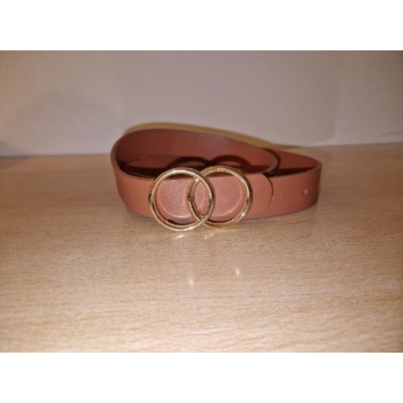 Ceinture cuir marron boucle double cercle doré 85 cm