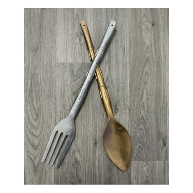 Décoration murale vintage en bois peint en doré et argenté cuillère fourchette 