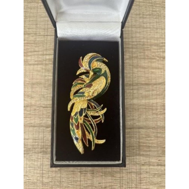 Bijoux -  Broche oiseau dorée, vert, rouge et bleu