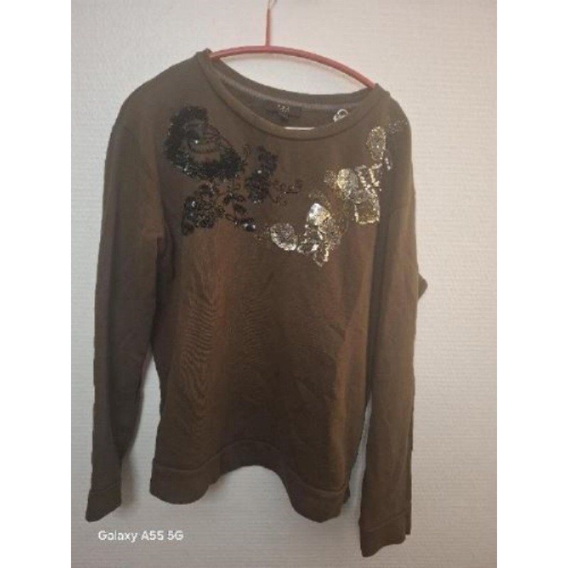 Pull 123 vert Kaki strass floral Taille M