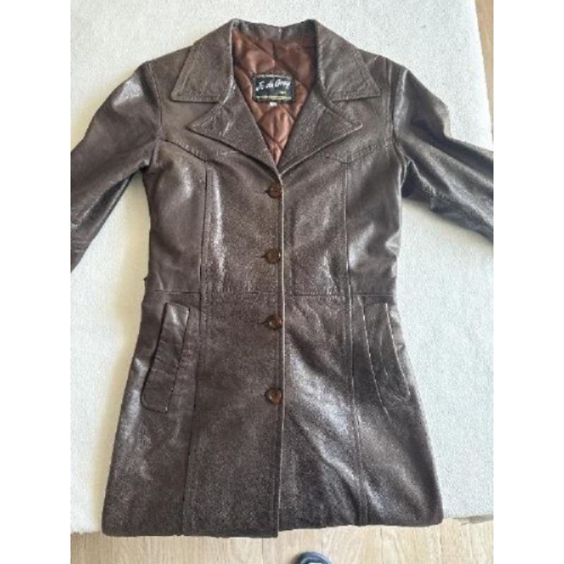 Veste en cuir longue - JO DE GREY Paris - Femme - marron - Taille 34 - Très Mode - en parfait état !