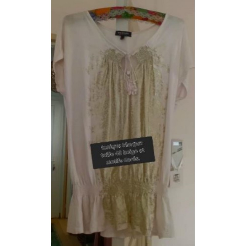 Tunique Morgan beige avec motifs dorés manches courtes taille 40