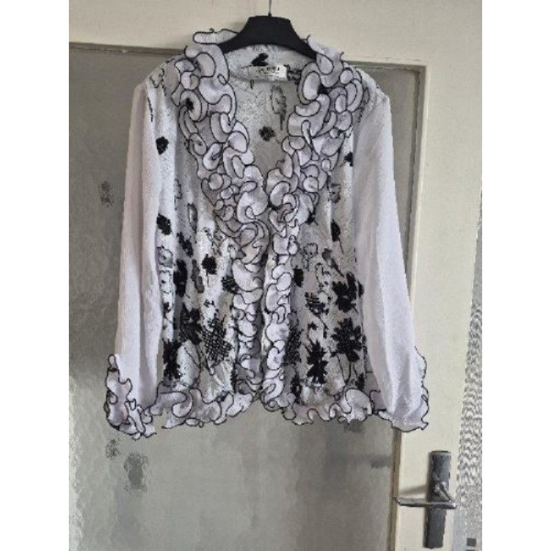 Chemisier chic blanc et noir à froufrou taille XL