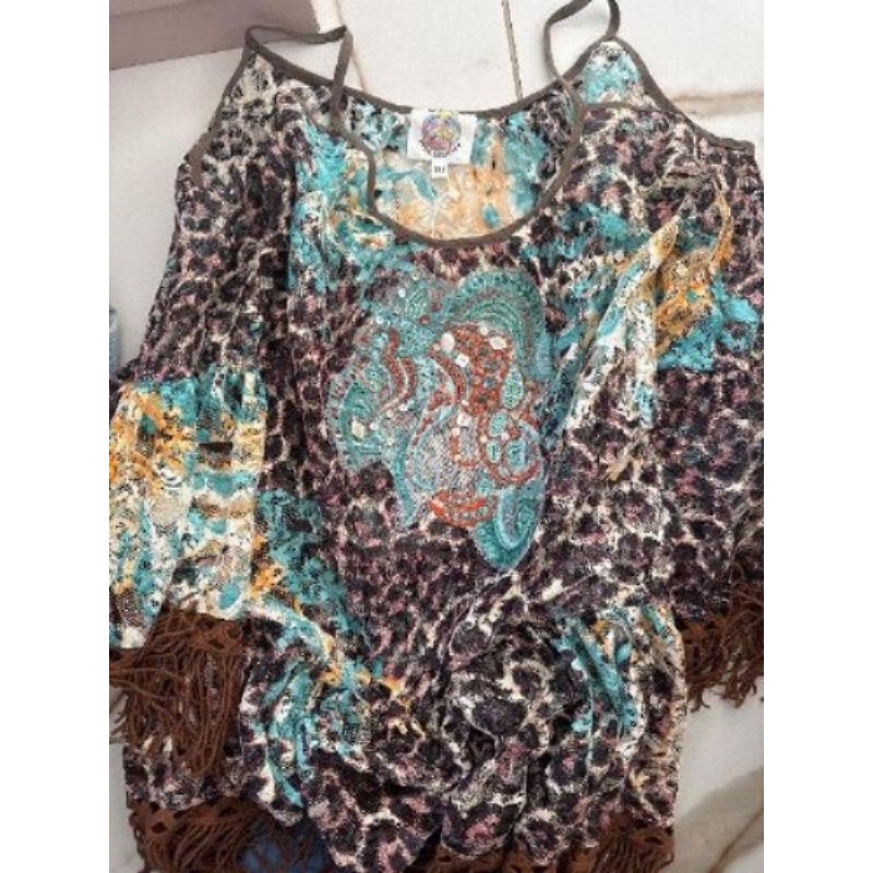 Tunique à frange, marron et turquoise