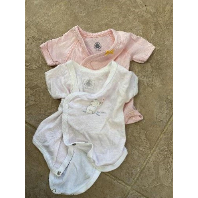 1 Lot de 2 body petit bateau 1 mois manches courtes 1 blanc rose rayé éléphant 1 rose avec noeud jau