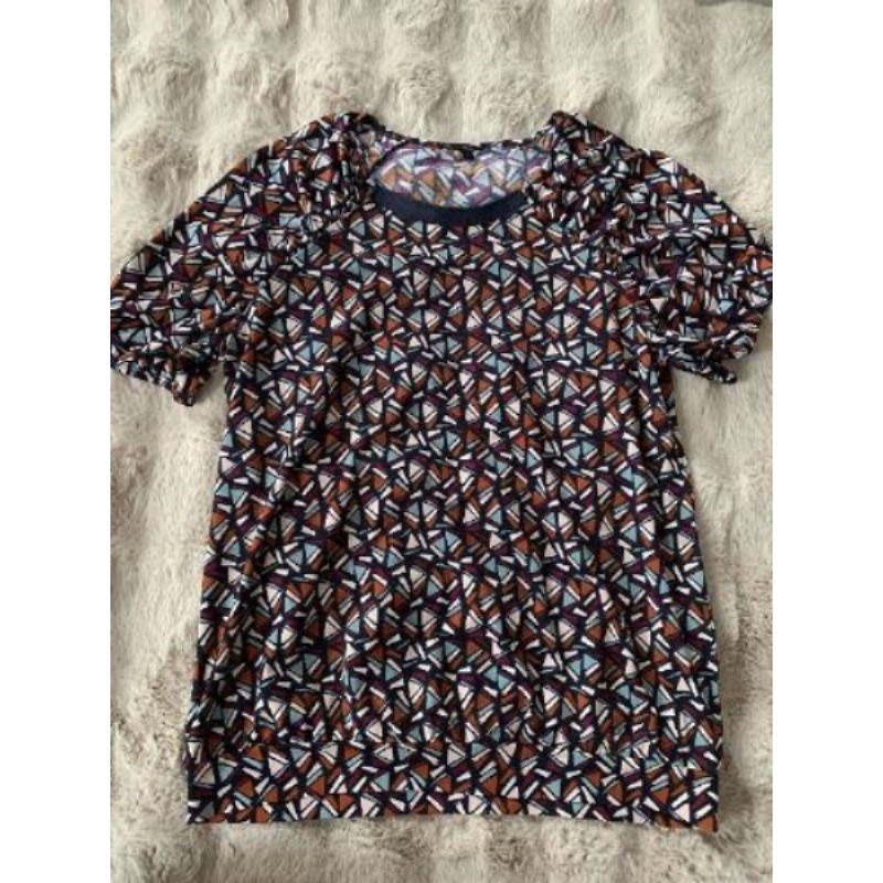 Blouse femme manches courtes motifs géométriques bleu marron Bourdeau taille 2