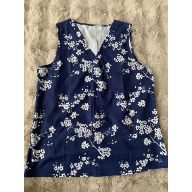 Blouse sans manches femme bleu marine fleurs blanche taille S