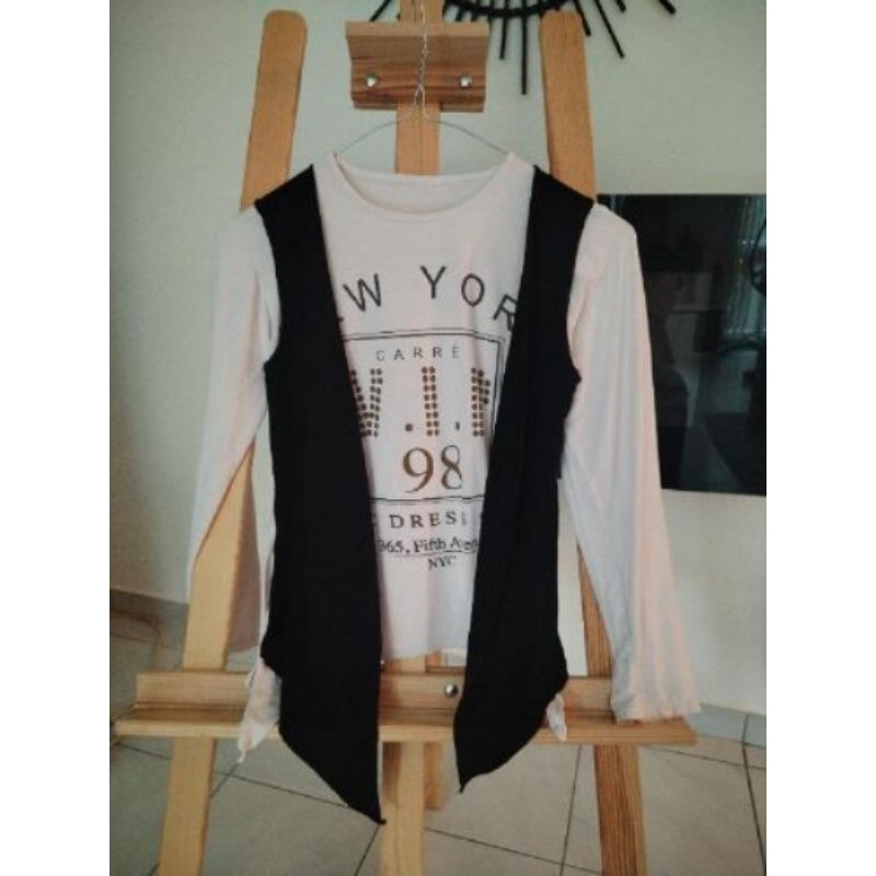 T-shirt manches longues fille 12 A blanc et noir 