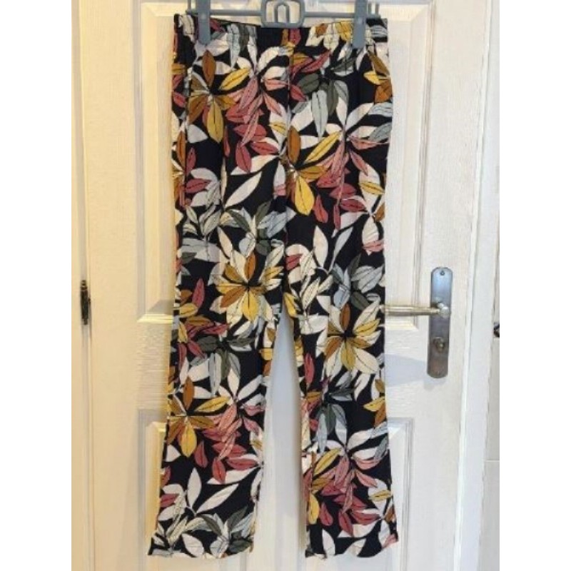 Pantalon toile noir motifs feuilles