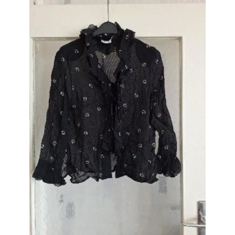  Chemisier noir petit imprimé col et manches froufrou taille 42/44