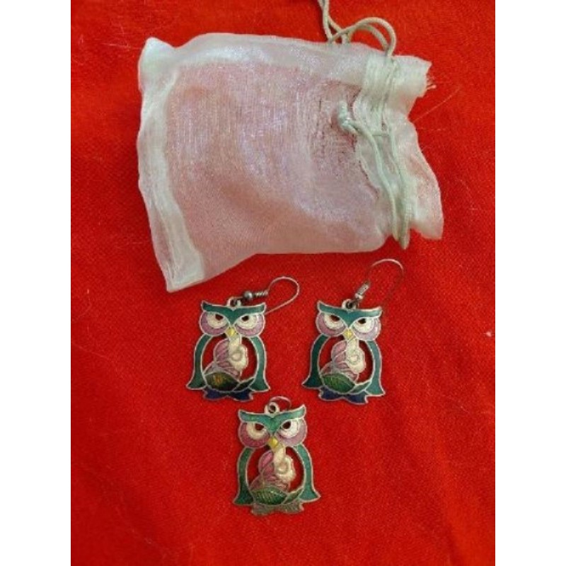 Parure HIBOU pendentif + 2 pendant oreilles + pochette 