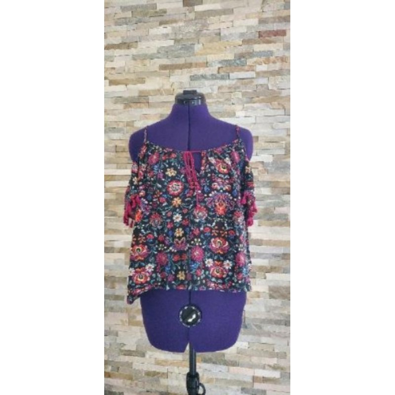 Haut bretelles et manches courtes noir et motifs fleurs rose/rouge FOREVER 21 Taille S