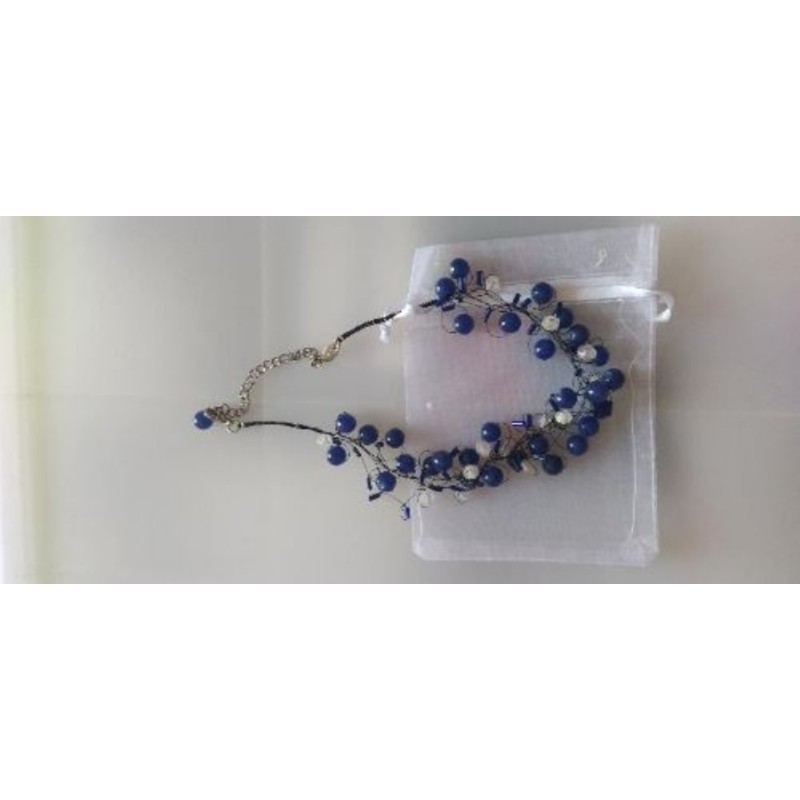 Collier fantaisie perles bleues et blanches