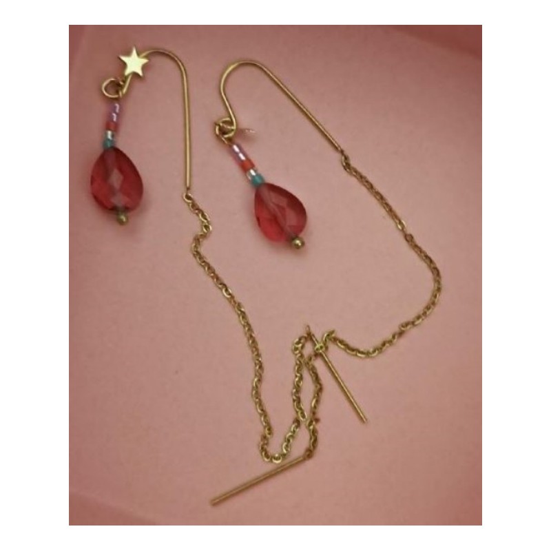 Boucles d'oreilles chaine strasse rose