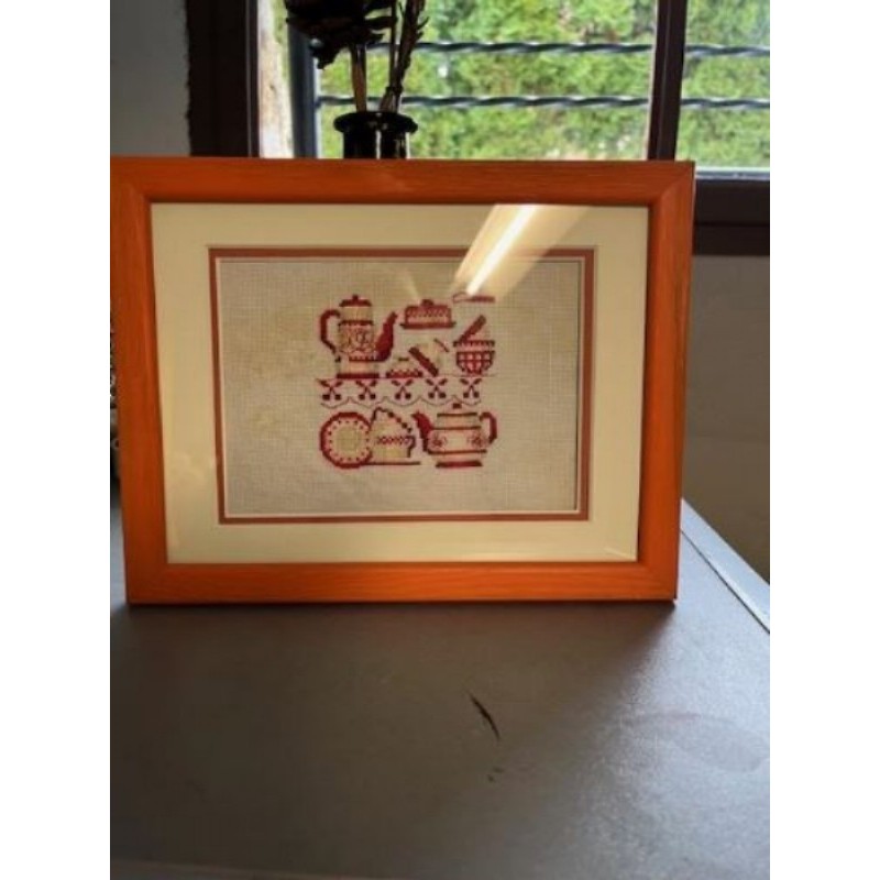 TABLEAU POINT DE CROIX FAIT MAINS "petit déjeuner" 27X21