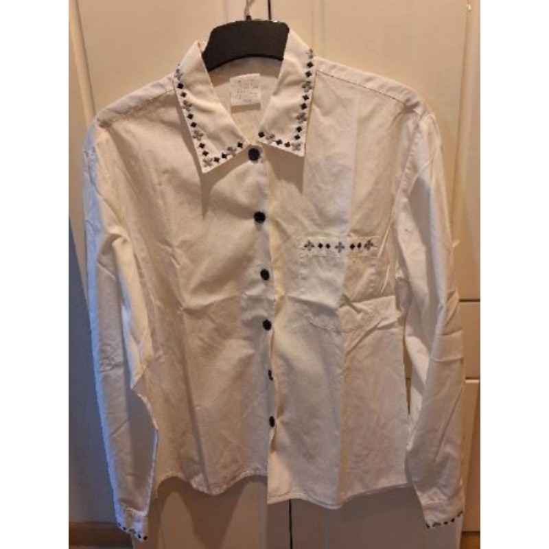 Corsage blanc motif trèfles gris carreaux noirs en liseré T42-44