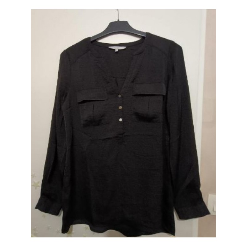 Chemisier satiné noir  - 3 petits boutons dorés devant (manche longue) - Etam - Taille 38