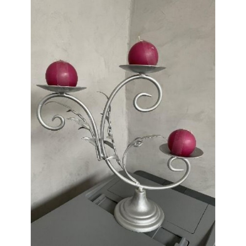 bougeoir argent + 3 bougies fushia