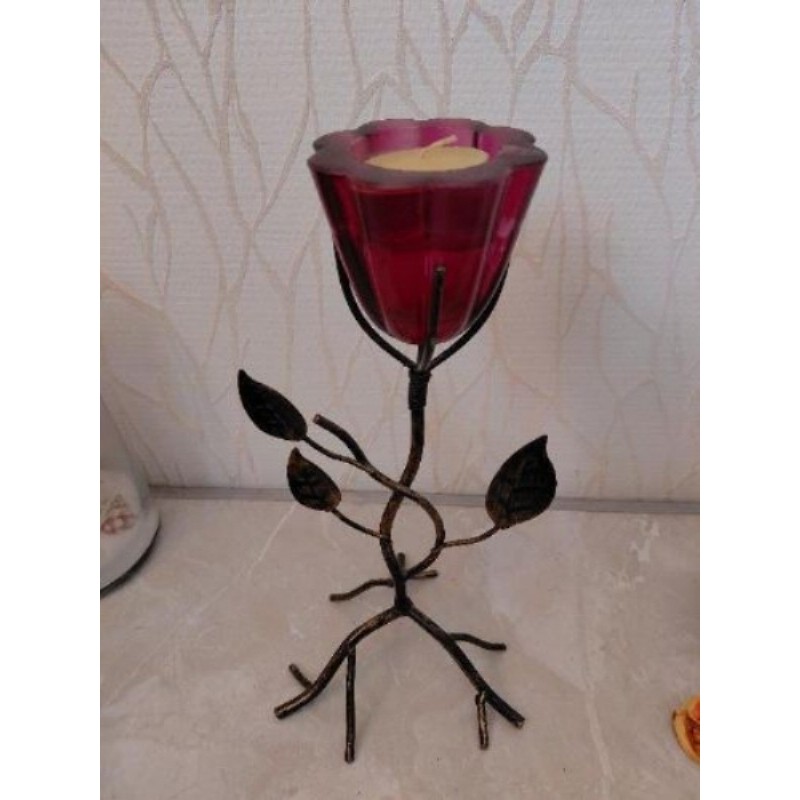 Photophore "Tulipe" en verre rose sur pied fer forgé