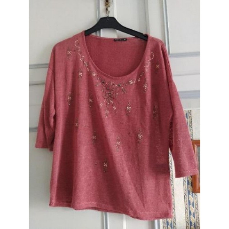 Tee-shirt Breal Couleur brique Décor perles Taille XL