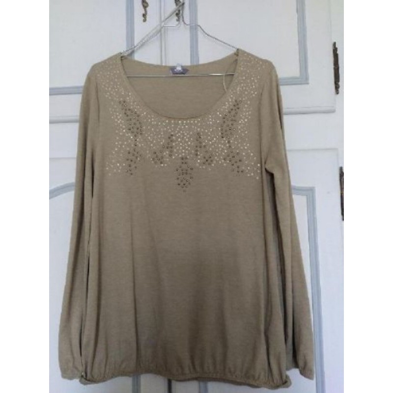Tee-shirt manches longues Phildar beige Décor perles Taille L