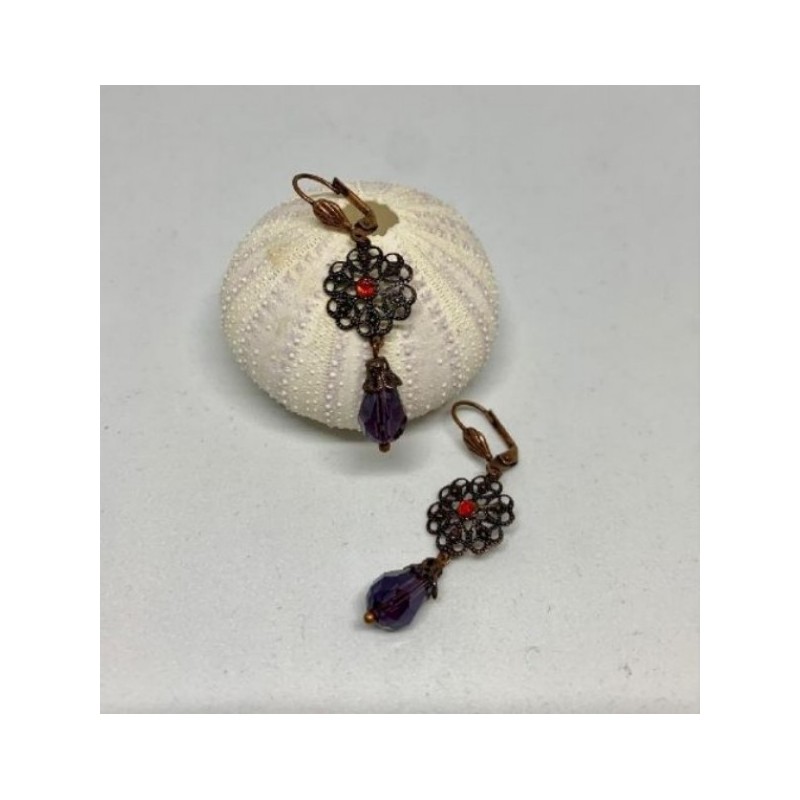 Boucles d'oreiles dans nickel perles en verre mauves et strass orange