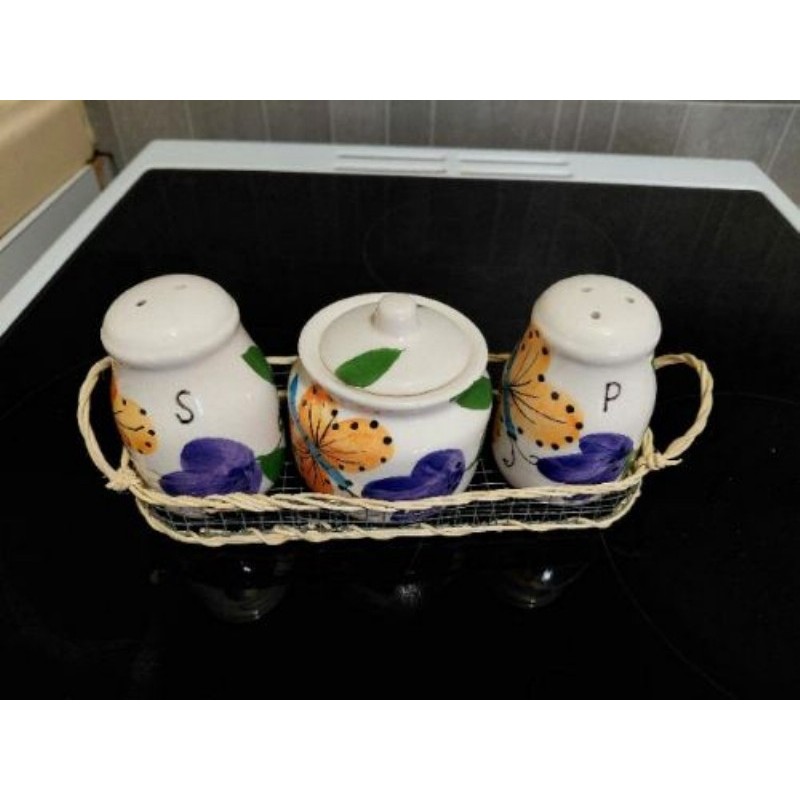 Set de table Sel/Poivre/Moutarde décor Papillons - Panier osier