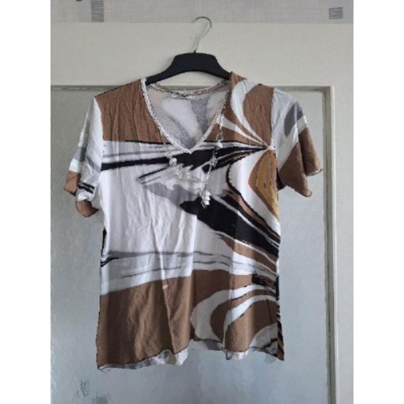 Tunique imprimé blanc marron noir avec collier taille L