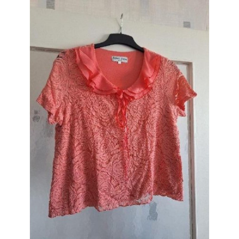 Tunique saumon doublure voile brodé motif floral col froufrou taille 48