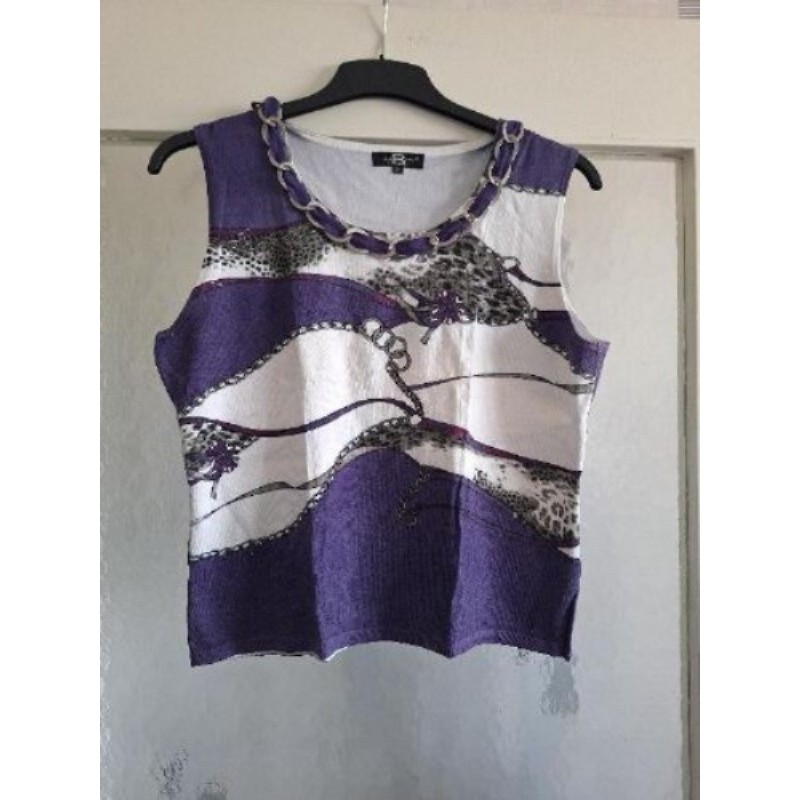 T-shirt sans manche motif blanc et violet détail au col taille L