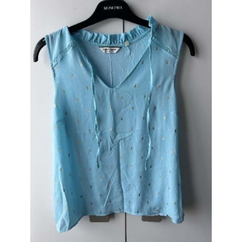 Blouse sans manches bleu ciel avec motifs ananas dorés - Naf Naf - T.M