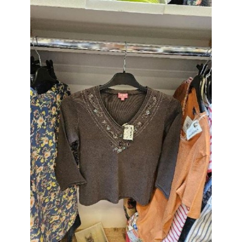 Tee-shirt femme marron manches 3/4 avec perles phildar T.S