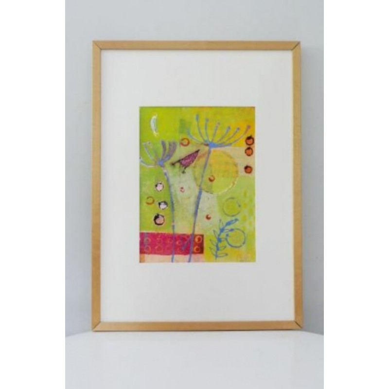 TABLEAU SIGNÉ / FLEURS ET OISEAU - CADRE BOIS CLAIR 73 x 53cm