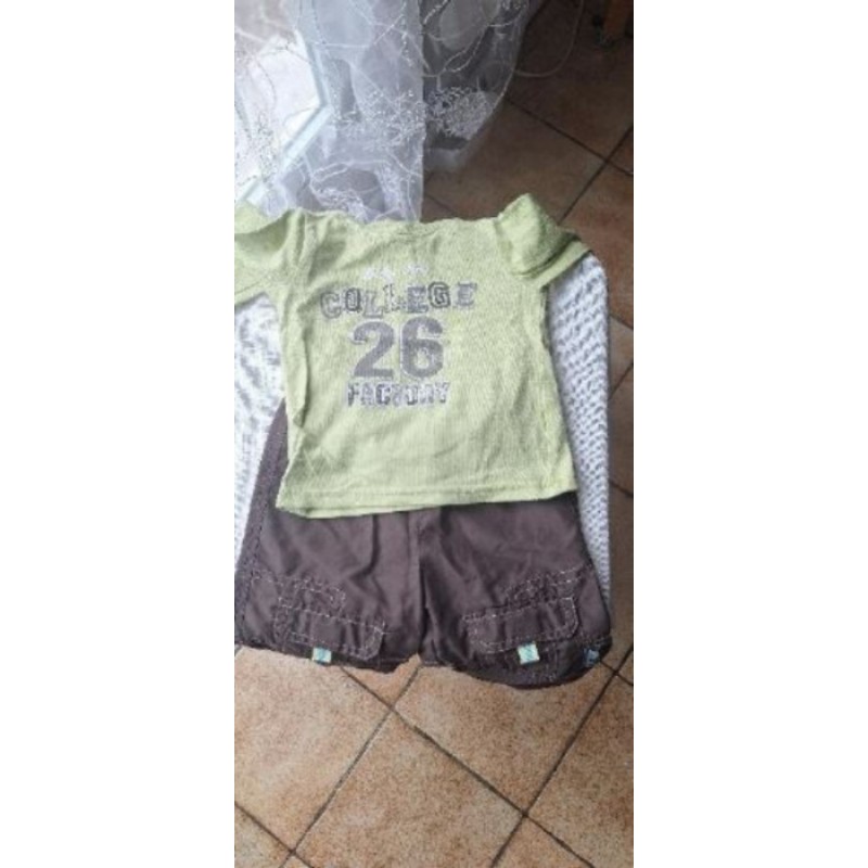 Ensemble  tea shirt manche longue vert + pantalon marron, 12 mois