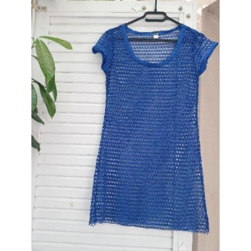 Tunique maille filet bleu, femme  T.38/40