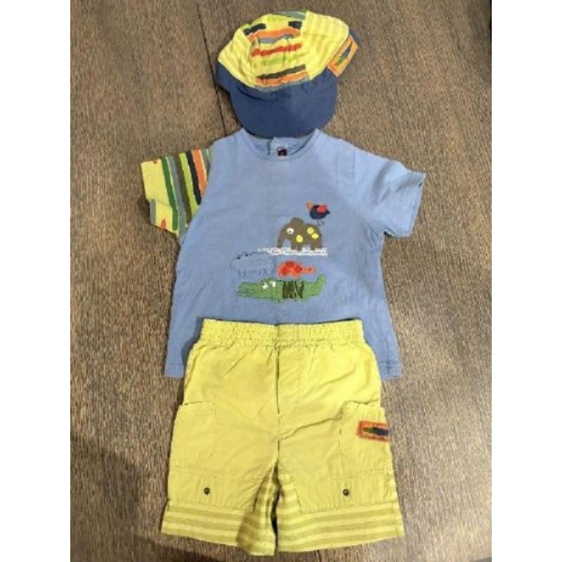 Ensemble garcon Catimini ( T-shirt bleu + short jaune + casquette assortie ) 12 mois