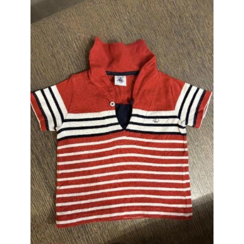 T-shirt Petit Bateau rouge bleu et blanc col façon vareuse 18 mois garçon