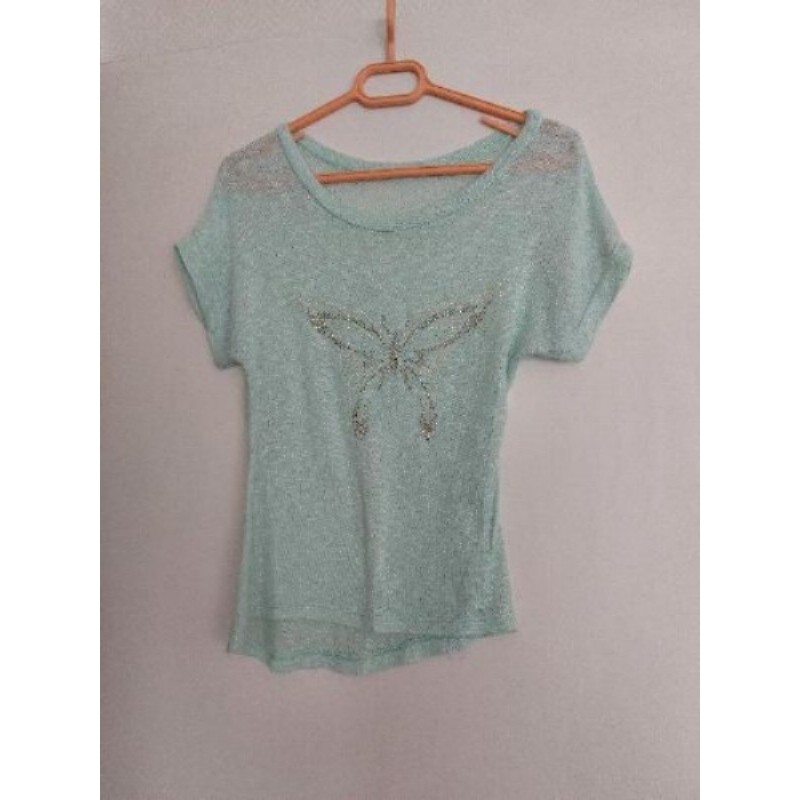Tee-shirt vert amande papillon strass - Taille 38