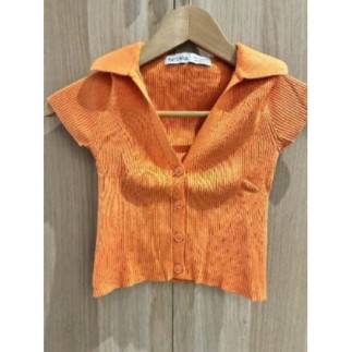 T Shirt court col chemise -...