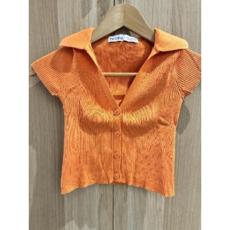 T Shirt court col chemise - orange - BERSHKA - taille XS