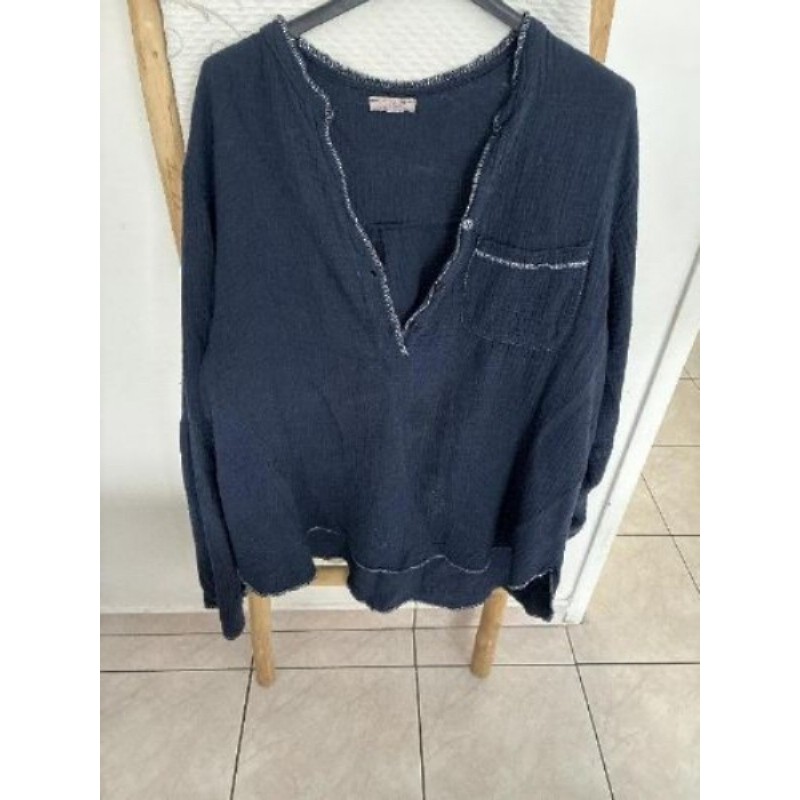 Chemisier en gaze de coton bleu marine   liserer argenté taille  unique avec une poche 