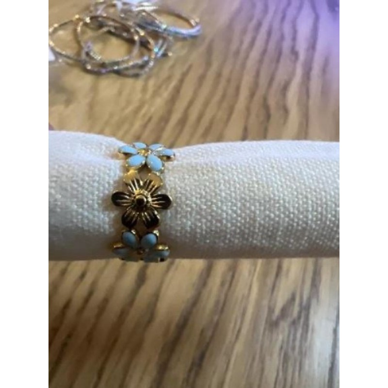 Bague formes fleurs bleu en acier inoxydable ajustable 