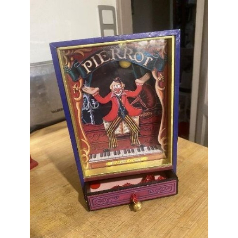 boîte à musique-clown vitrine vintage bleue peinte à la main pour collection - en très bon état