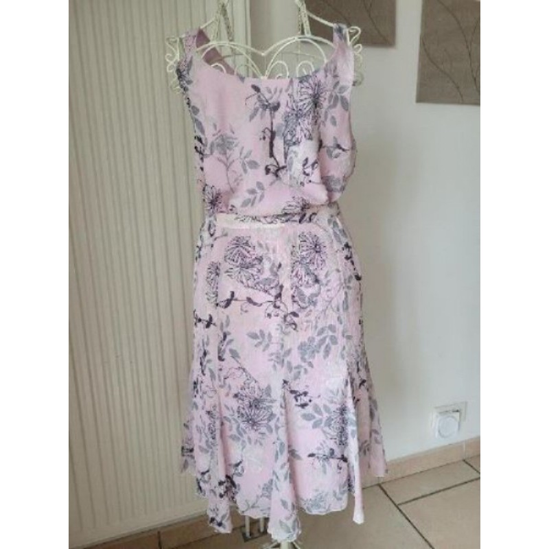 Ensemble jupe + bustier rose à fleurs grises, taille 44, Un jour Ailleurs 